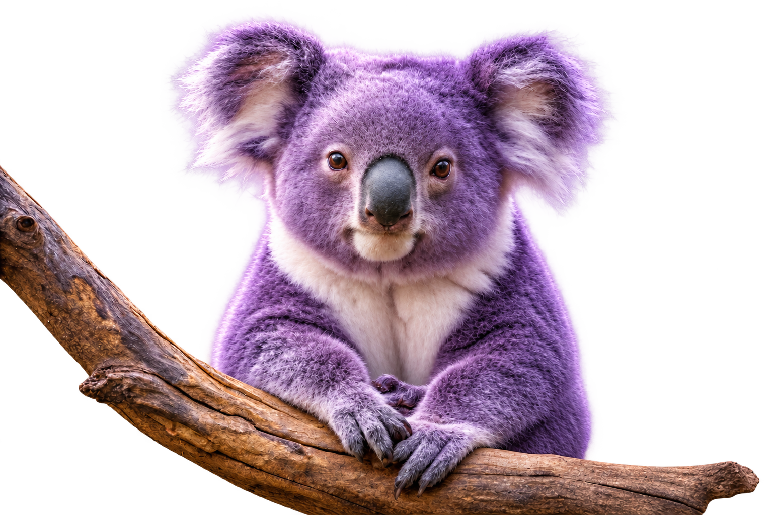 Fialová koala sedí na větvi a spokojeně se dívá před sebe.